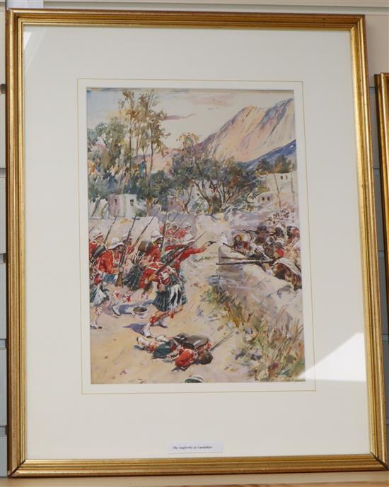 Circle of Simkin, five watercolours, Scottish Regiments in action, largest 34 x 24cm